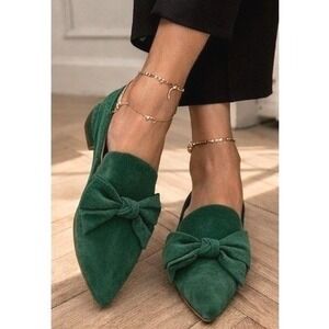 VTG Ellemenno Suede Hunter Green Bow Pointed Toe Flats Slip On Women's Size 8.5